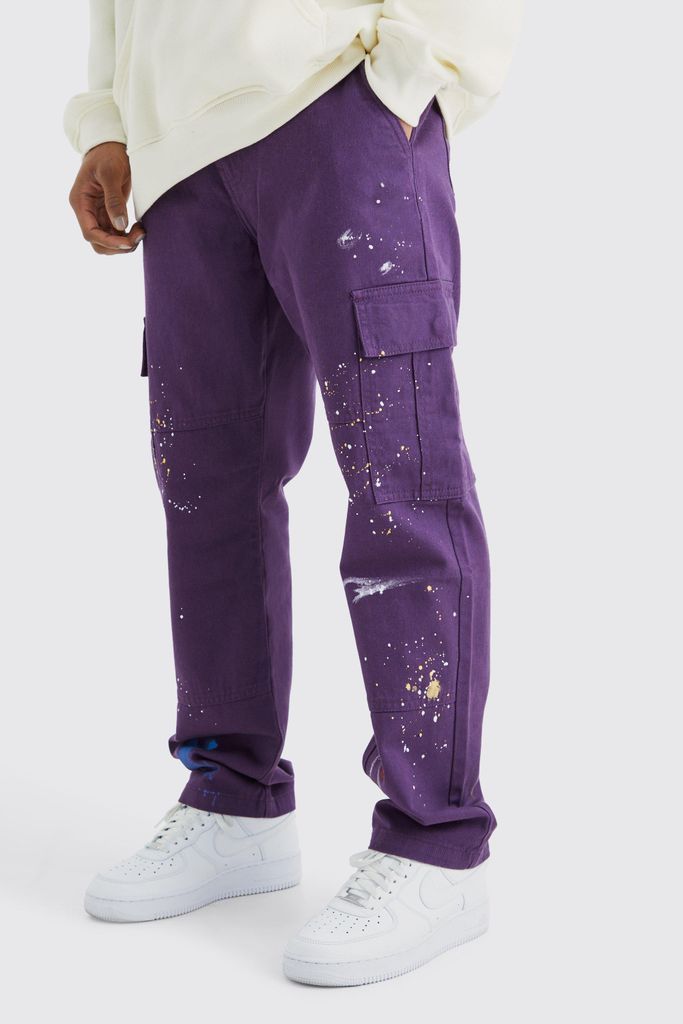 Men's Straight Leg Cargo All Over Paint Splatter Trouser - Purple - 28, Purple