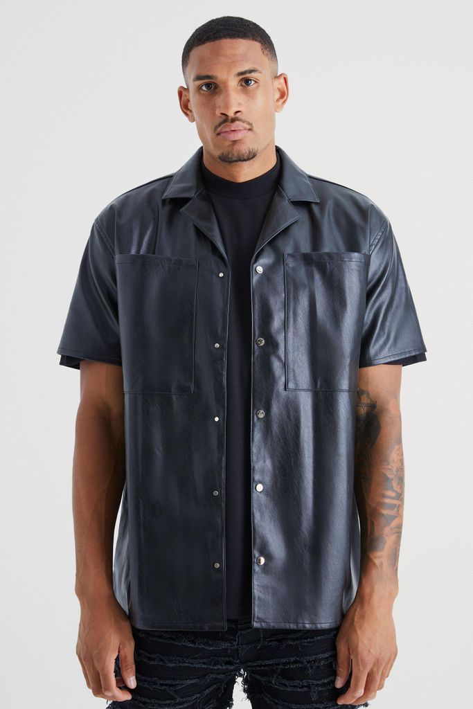 Men's Tall Short Sleeve Oversized Pu Star Embroidery Shirt - Black - S, Black