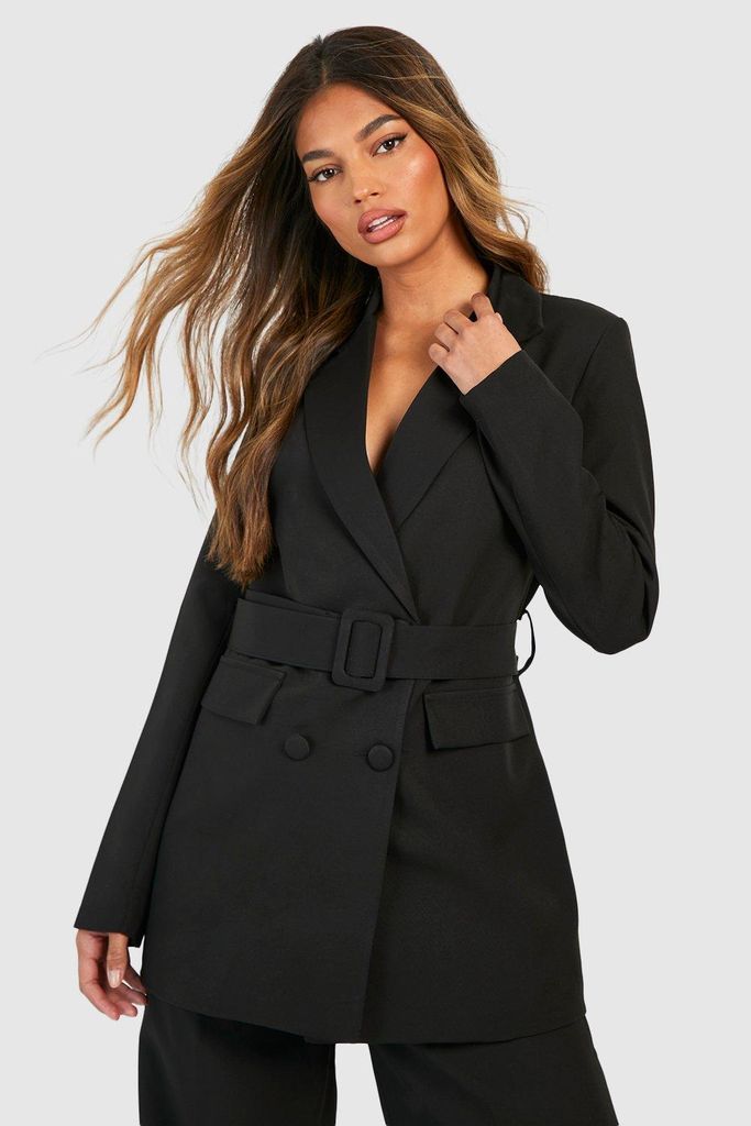 Womens Double Breasted Self Fabric Belted Blazer - Black - 6, Black