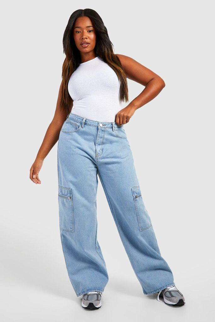 Womens Plus Zip Pocket High Waisted Cargo Jeans - Blue - 16, Blue
