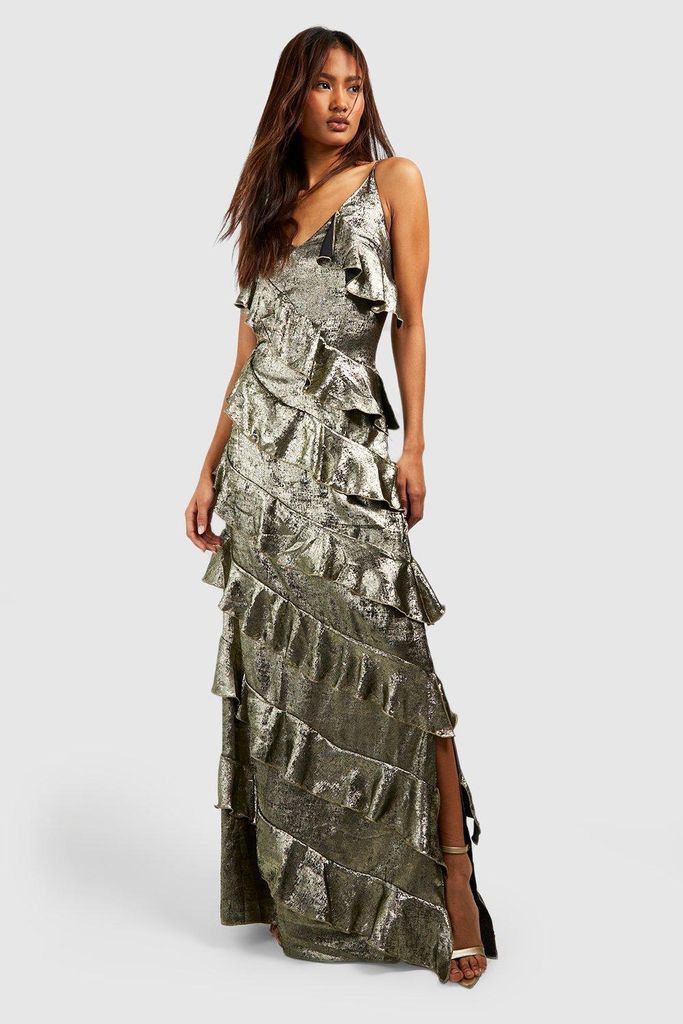 Womens Tal Metallic Ruffle Detail Maxi Dress - Gold - 10, Gold