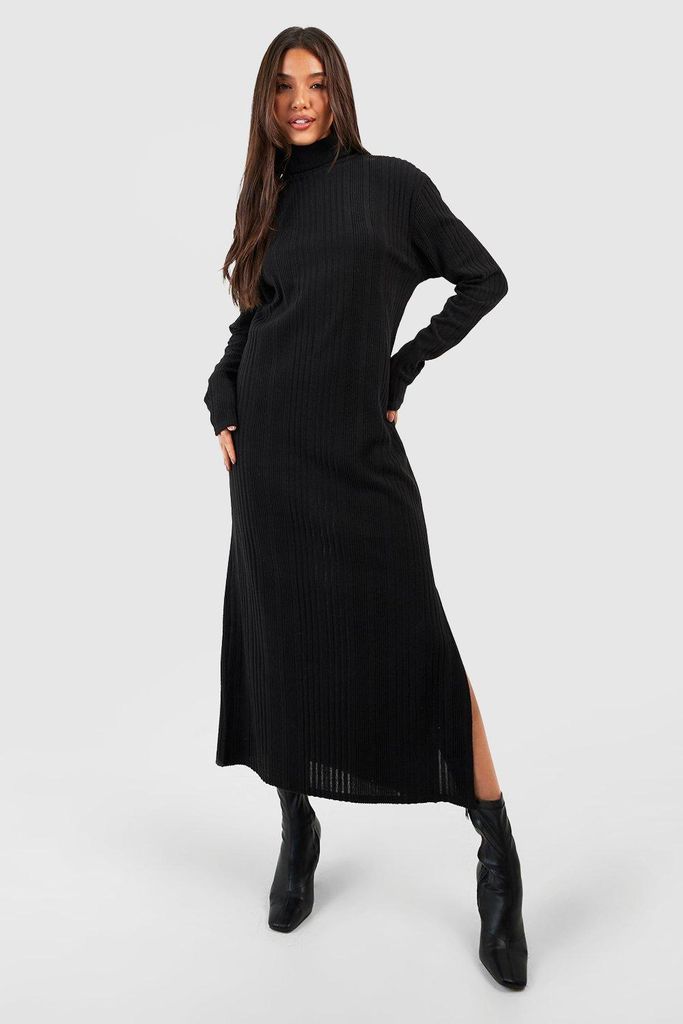 Womens Textured Rib Roll Neck Column Midaxi Dress - Black - 8, Black