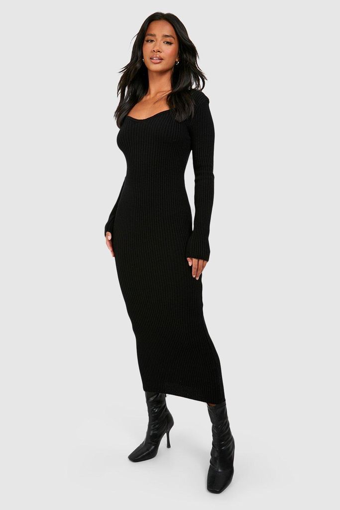 Womens Petite Knit Long Sleeve Midaxi Dress - Black - L, Black