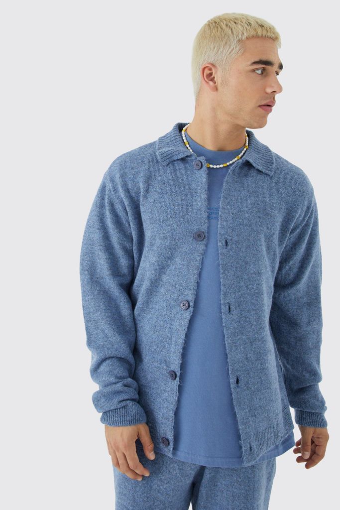 Men's Brushed Knitted Collared Cardigan - Blue - S, Blue