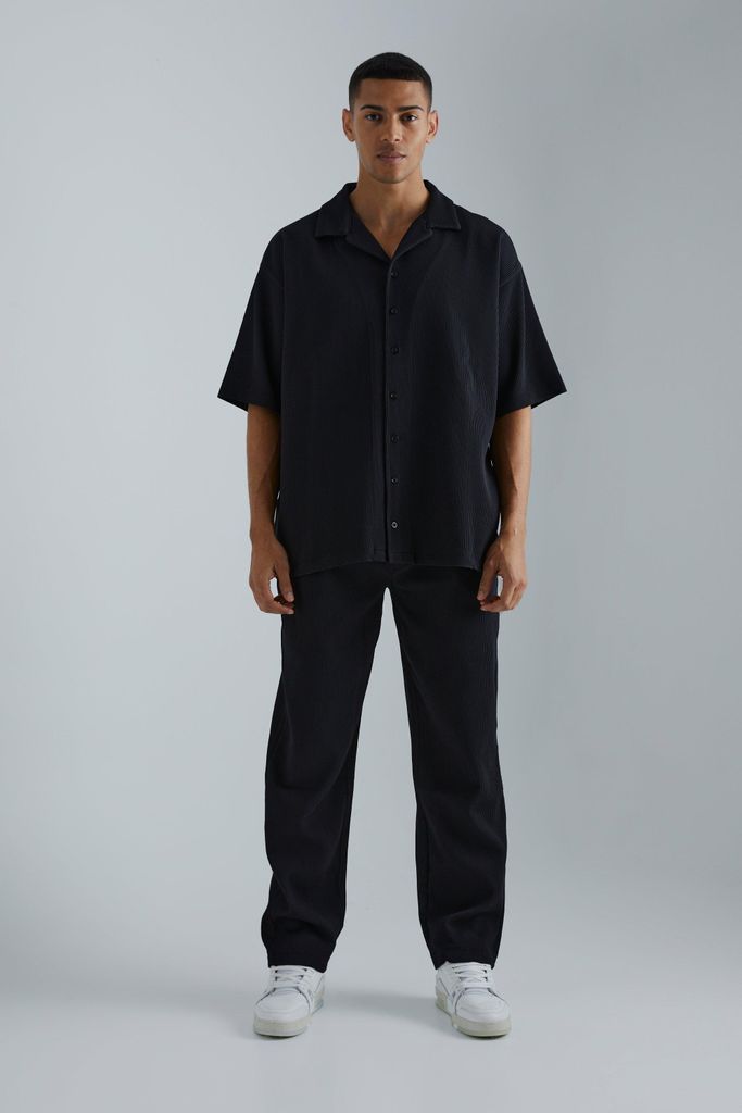 Men's Oversized Short Sleeve Pleated Shirt & Straight Trouser - Black - S, Black