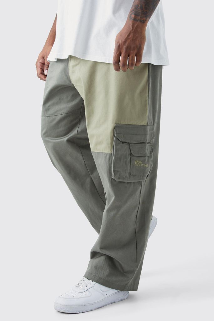 Men's Plus Relaxed Fit Colour Block Tonal Branded Cargo Trouser - Green - 38, Green