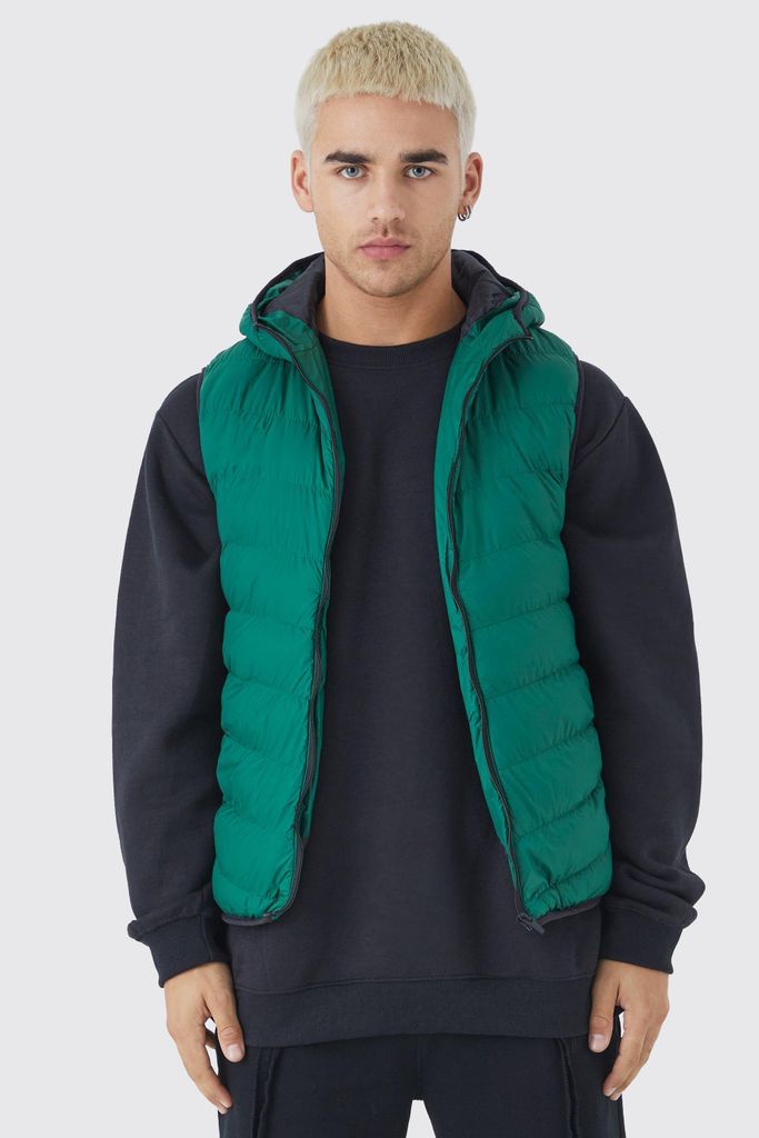 Men's Quilted Gilet With Hood - Green - S, Green