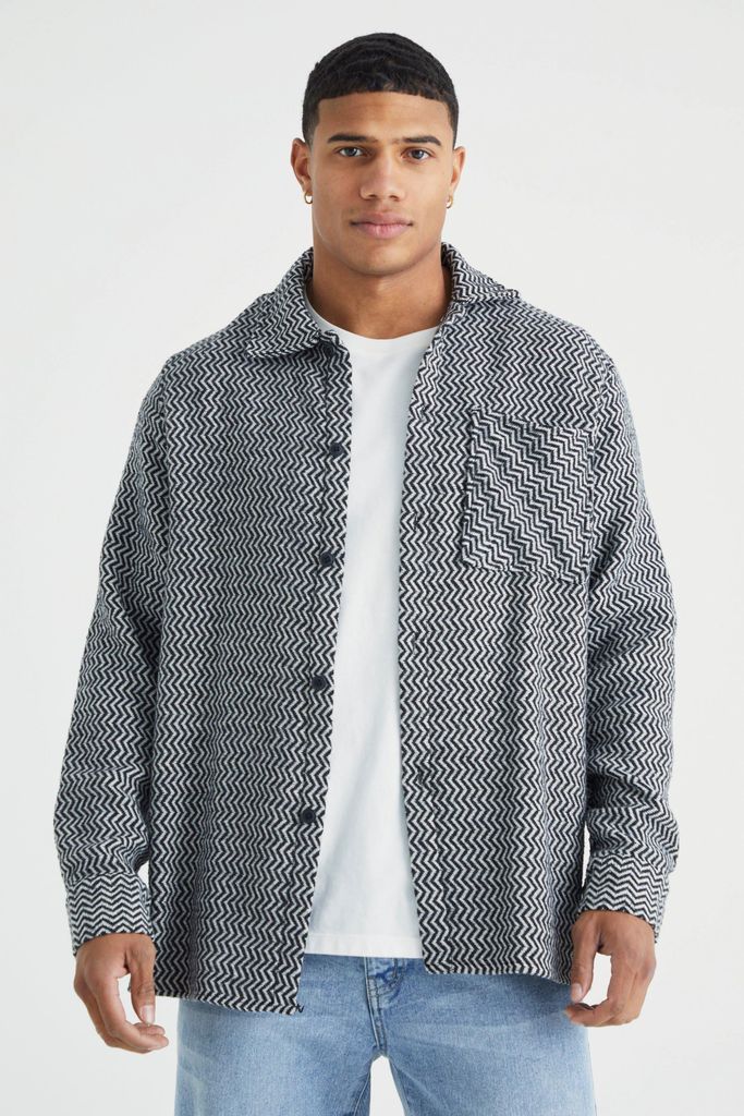 Men's Textured Wool Look Patterned Overshirt - Grey - S, Grey