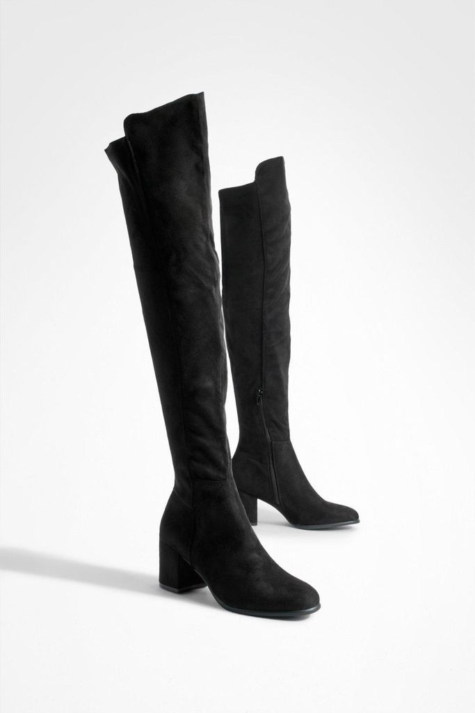 Womens Low Block Stretch Back Over The Knee Boots - Black - 3, Black