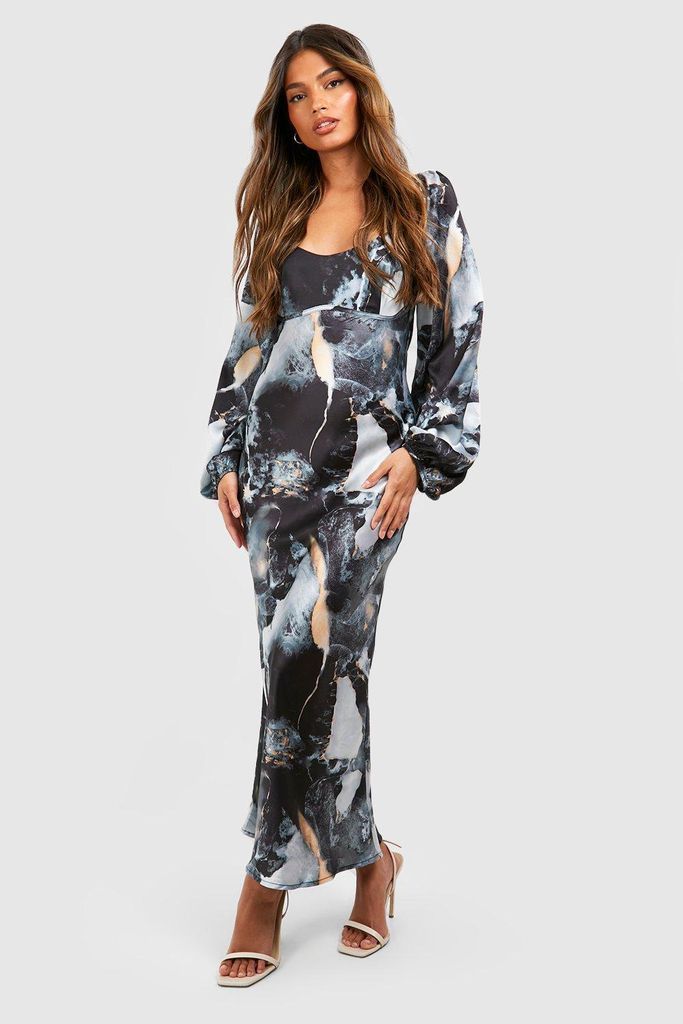 Womens Marble Print Blouson Sleeve Midaxi Dress - Grey - 8, Grey