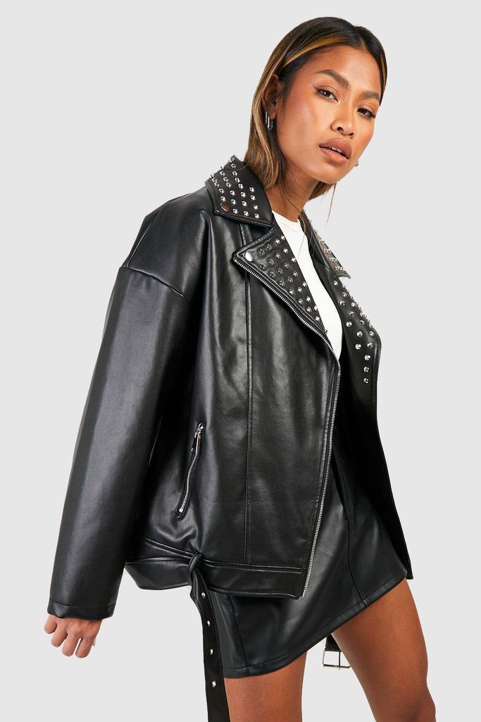Womens Oversized Studded Faux Leather Biker Jacket - Black - 8, Black