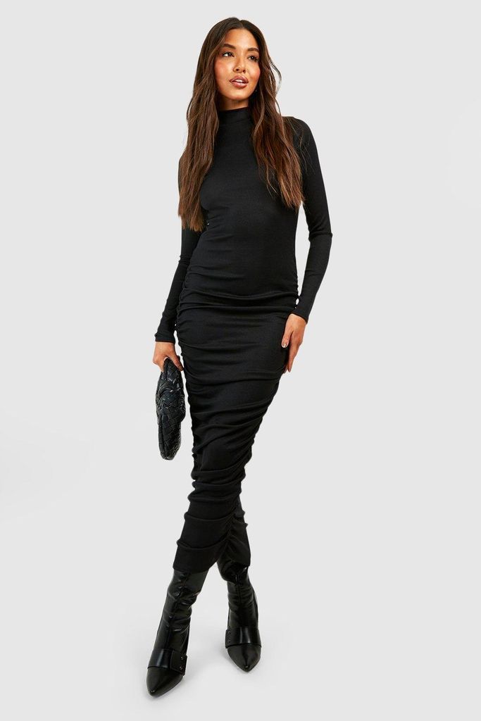 Womens Soft Rib Rouched Roll Neck Midi Dress - Black - 10, Black