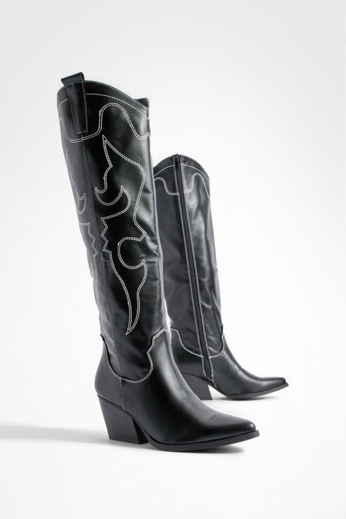 Womens Stitch Detail Western Cowboy Boots - Black - 4, Black