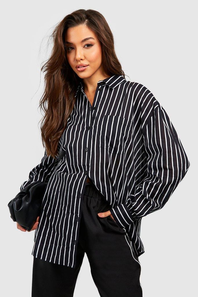 Womens Stripe Oversized Deep Cuff Shirt - Black - 6, Black