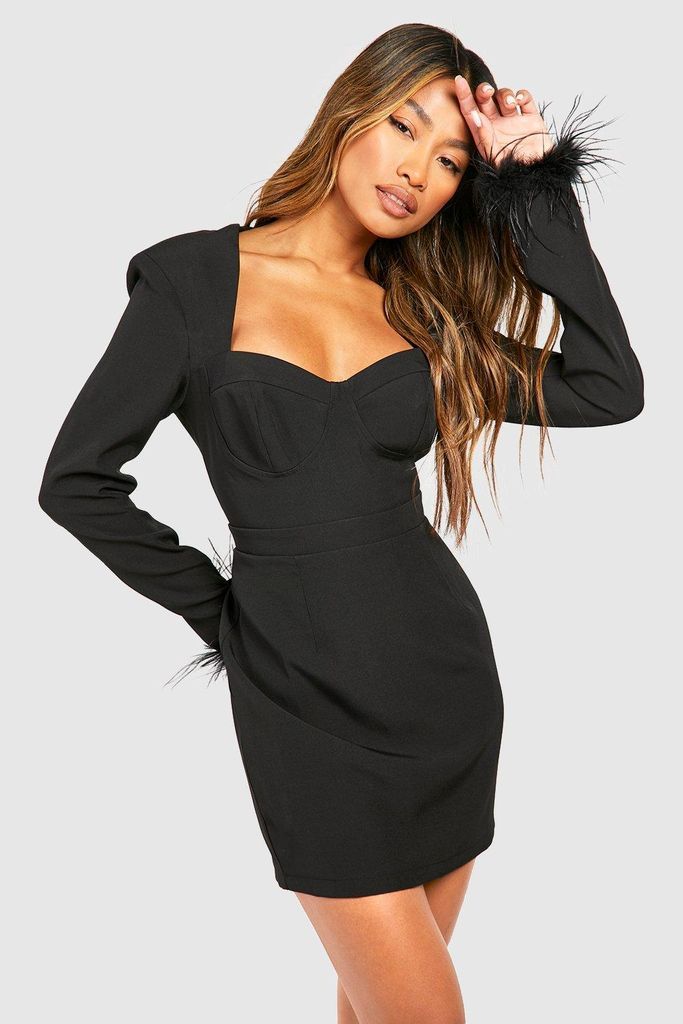 Womens Sweetheart Neck Feather Cuff Tailored Mini Dress - Black - 6, Black