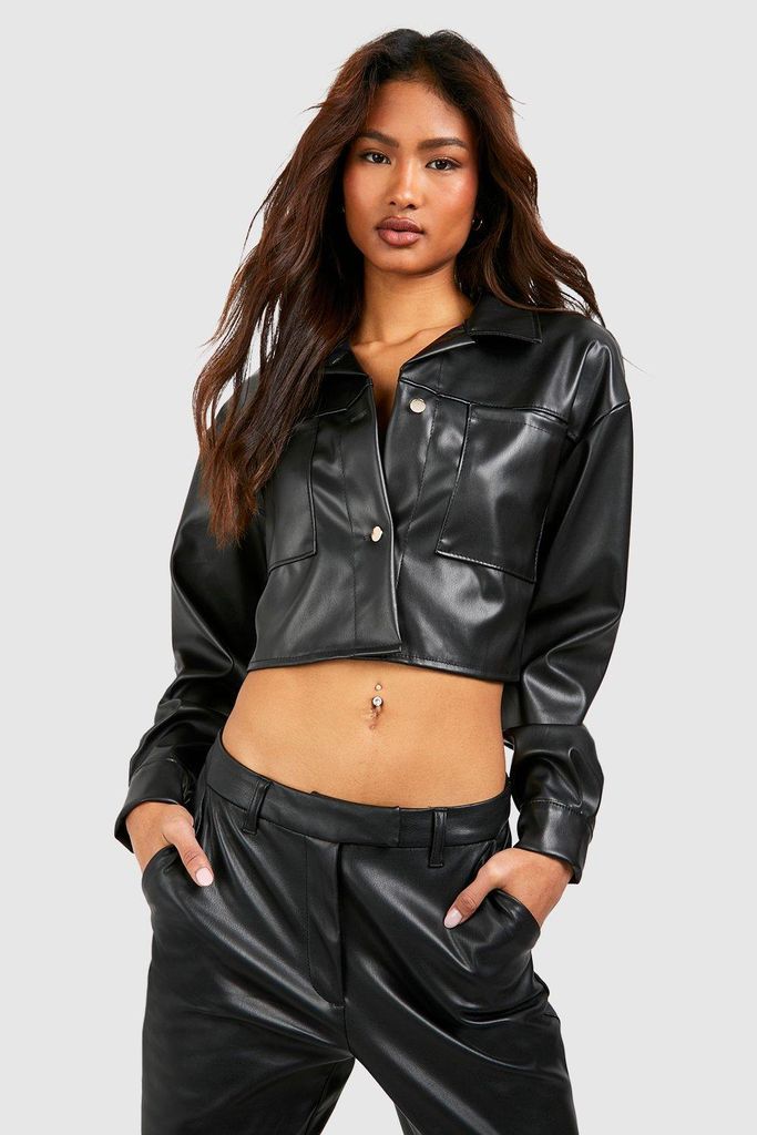 Womens Tall Faux Leather Pocket Detail Crop Oversized Jacket - Black - 8, Black