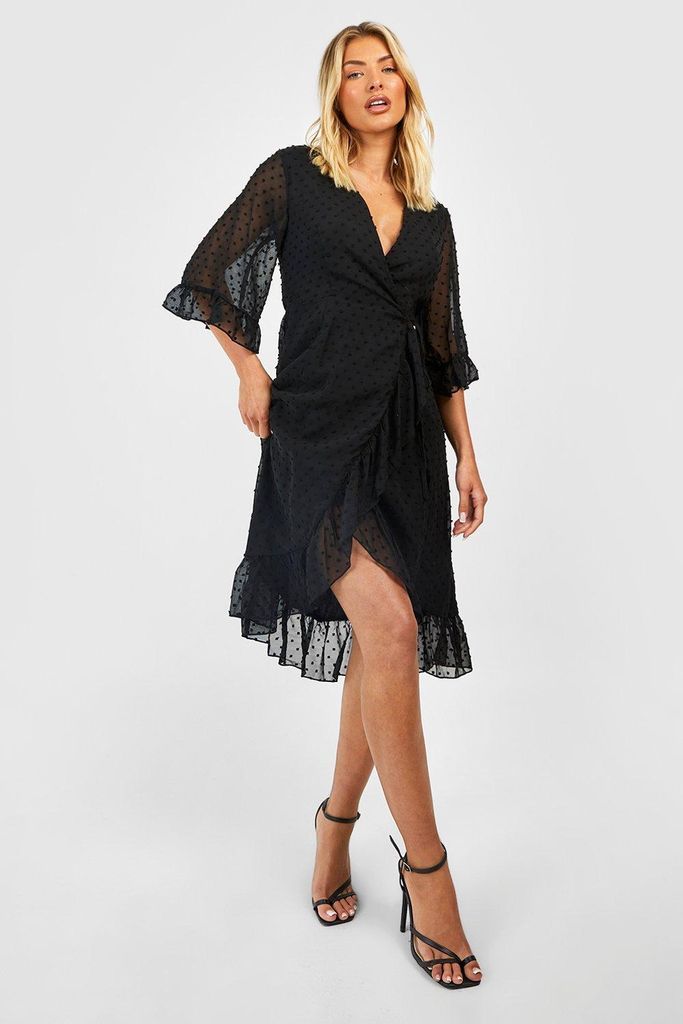 Womens Dobby Chiffon Wide Sleeve Midi Wrap Dress - Black - 8, Black