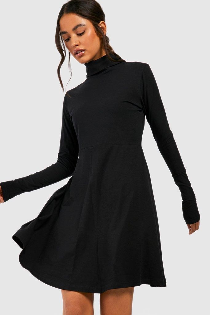 Womens Basic Long Sleeve High Neck Skater Dress - Black - 8, Black