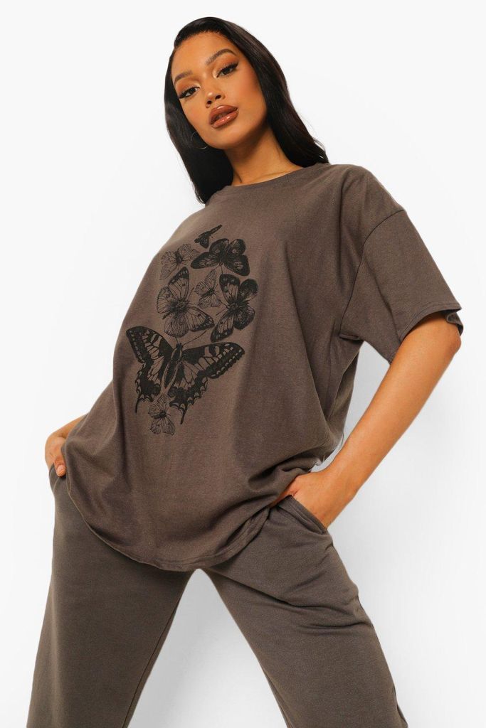 Womens Butterfly Print Oversized T-Shirt - Grey - S, Grey