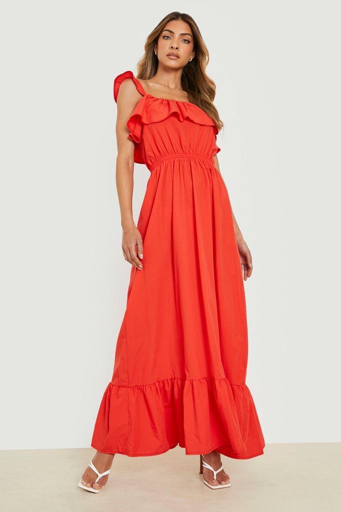 Womens Cotton Poplin Strappy Frill Maxi Dress - Red - 8, Red