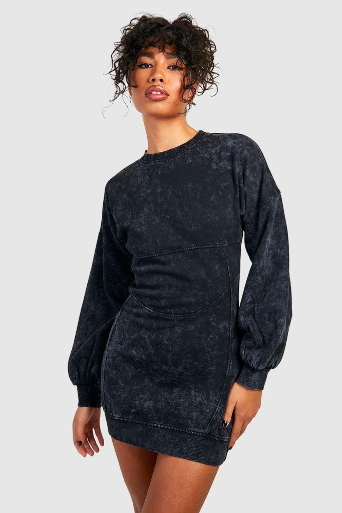 Womens Acid Wash Corset Detail Fitted Sweatshirt Dress - Black - 8, Black