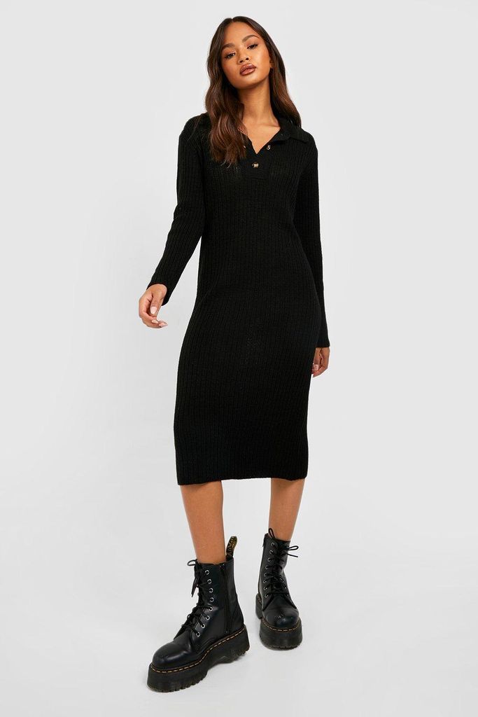 Womens Collared Knitted Maxi Dress - Black - S, Black
