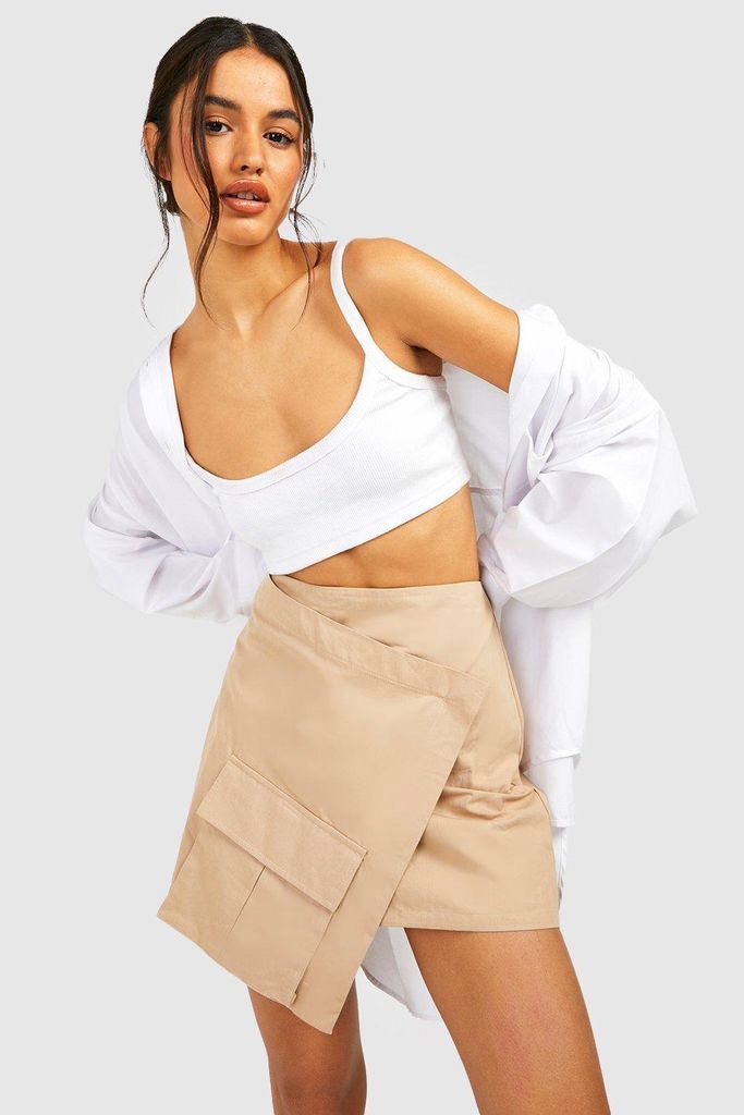 Womens Asymmetric Hem Cargo Mini Skirt - Beige - 6, Beige