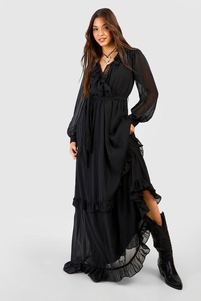 Womens Chiffon Boho Ruffle Detail Maxi Dress - Black - 8, Black