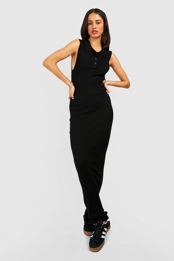 Womens Collared Button Front Sleeve Rib Knit Maxi Dress - Black - L, Black