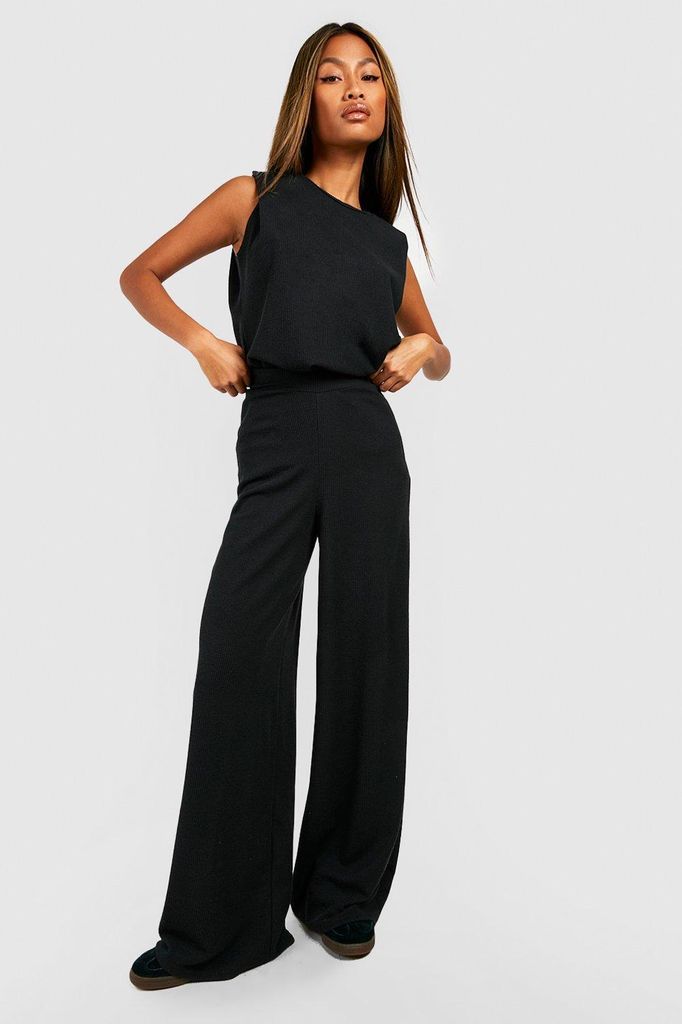 Womens Crinkle Rib Relaxed Fit Wide Leg Trousers - Black - 10, Black