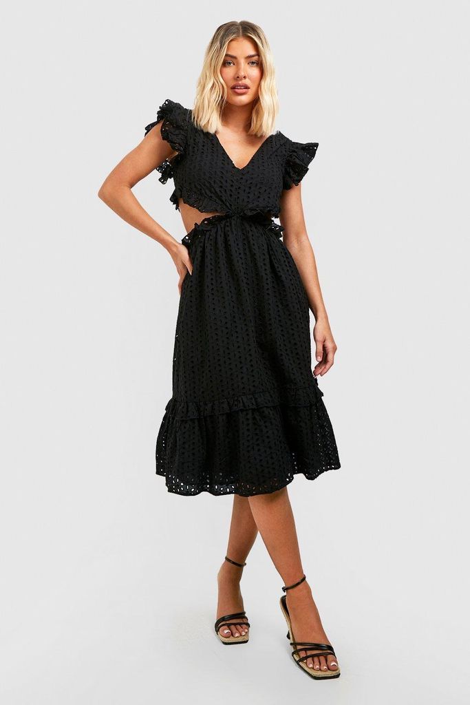 Womens Broderie Frill Cut Out Midi Dress - Black - 8, Black