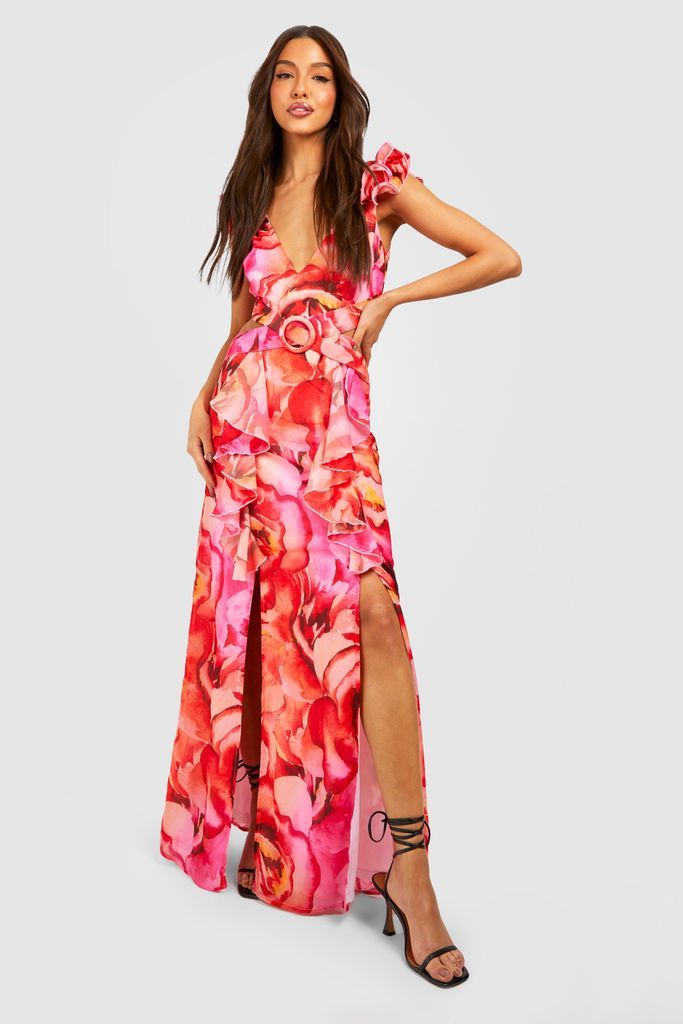 Womens Floral Ruffle Belted Chiffon Maxi Dress - Pink - 8, Pink