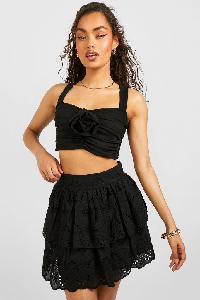 Womens Broderie Ruffle Hem Mini Skirt - Black - 14, Black