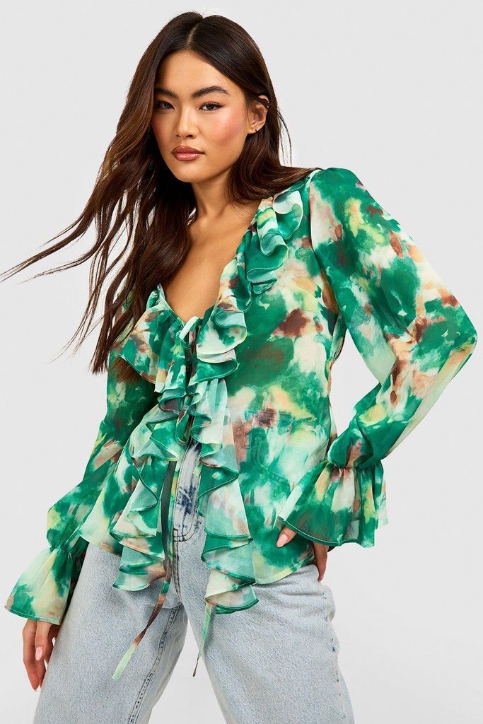 Womens Floral Ruffle Tie Front Boho Top - Green - 8, Green