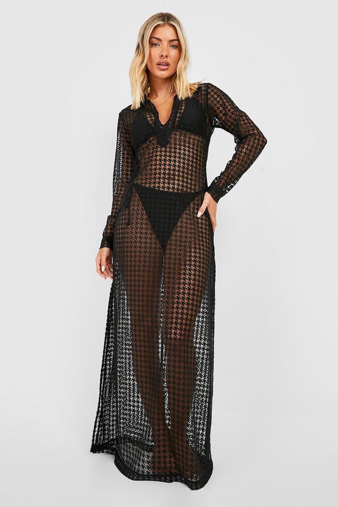 Womens Dogtooth Lace Beach Cover-Up Maxi Dress - Black - S, Black