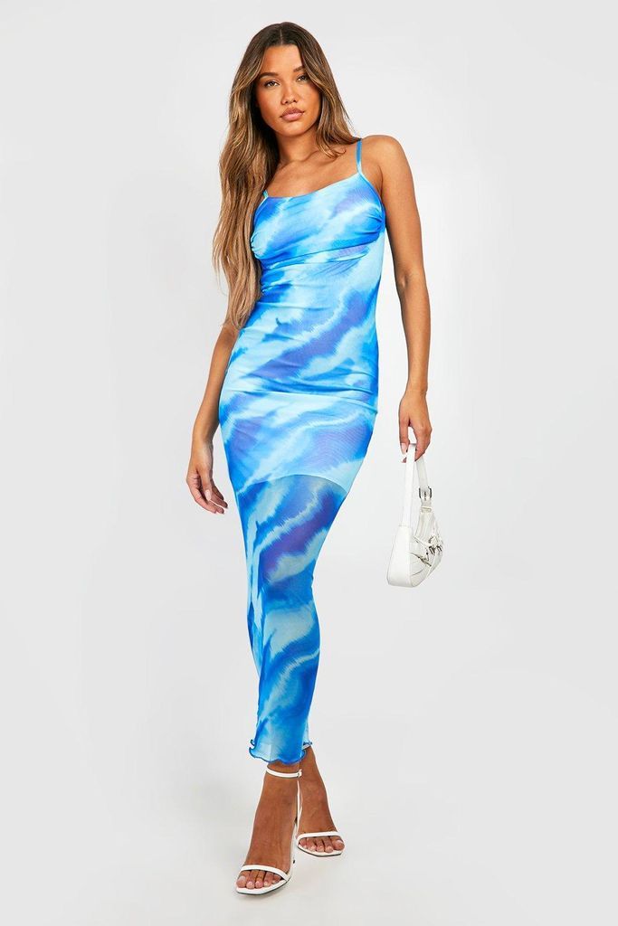 Womens Abstract Print Mesh Maxi Slip Dress - Blue - 18, Blue