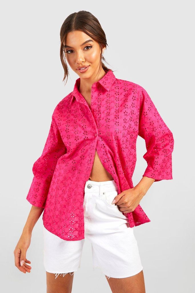 Womens Broderie Button Down Shirt - Pink - 6, Pink