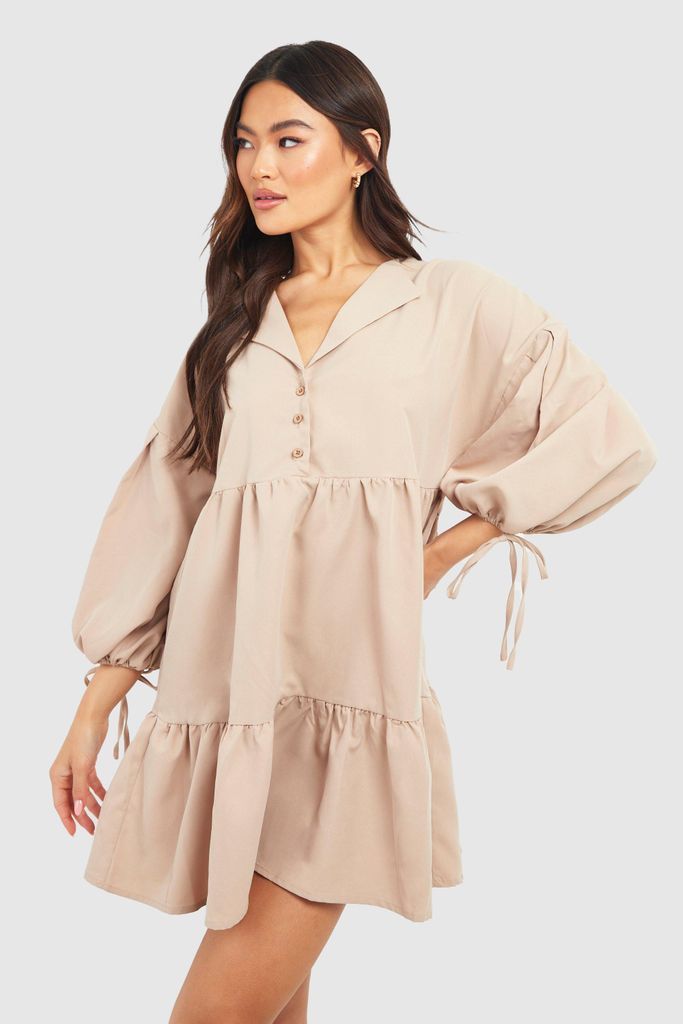 Womens Button Through Smock Dress - Beige - 8, Beige