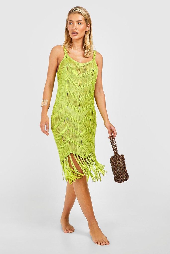 Womens Bright Crochet Tassel Dress - Green - S/M, Green