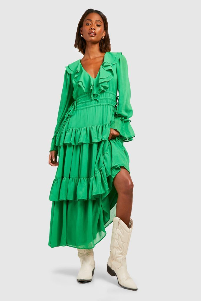 Womens Chiffon Ruffle Detail Midaxi Smock Dress - Green - 8, Green
