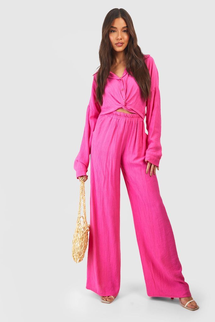 Womens Crinkle Relaxed Fit Wide Leg Trousers - Pink - 8, Pink