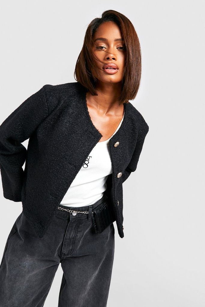 Womens Collarless Textured Jacket - Black - 16, Black
