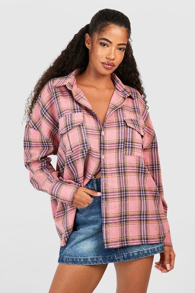 Womens Checked Pocket Detail Oversized Shirt - Pink - 6, Pink