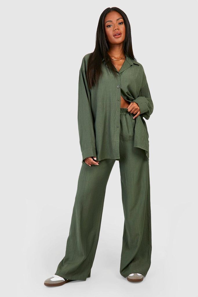 Womens Crinkle Relaxed Fit Wide Leg Trousers - Green - 14, Green