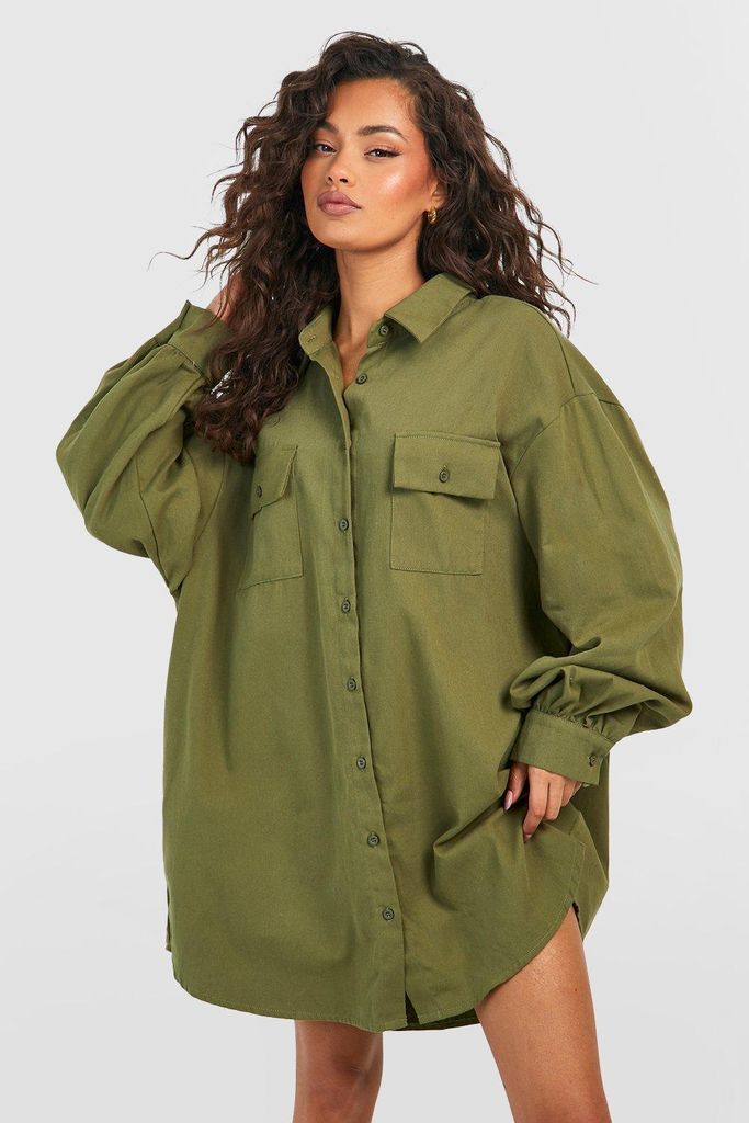 Womens Extreme Oversized Utility Shirt Dress - Green - 8, Green