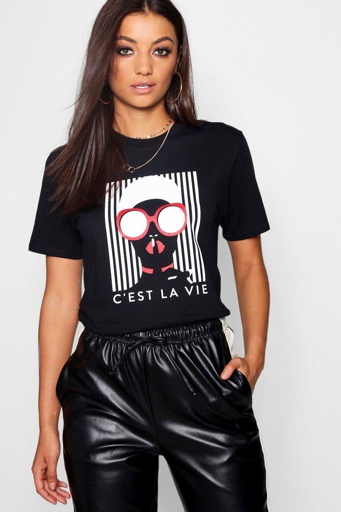 Womens Tall French Slogan Face Print T-Shirt - Black - S, Black