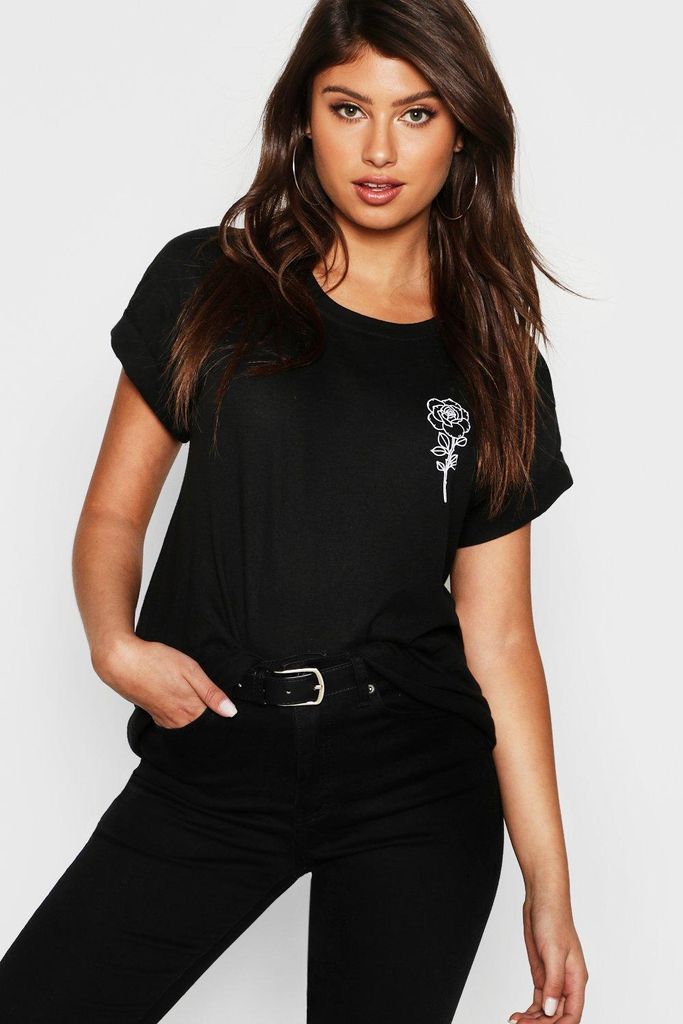 Womens Rose Pocket Print T-Shirt - Black - S, Black