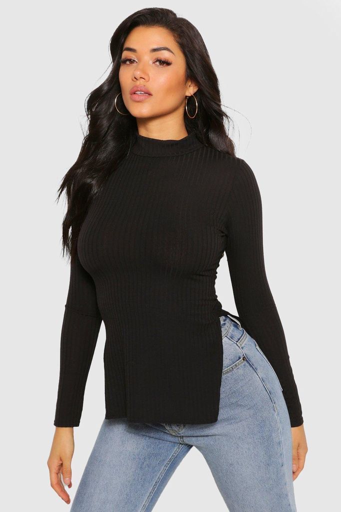 Womens Side Split Roll/Polo Neck Knitted Ribbed Top - Black - S, Black