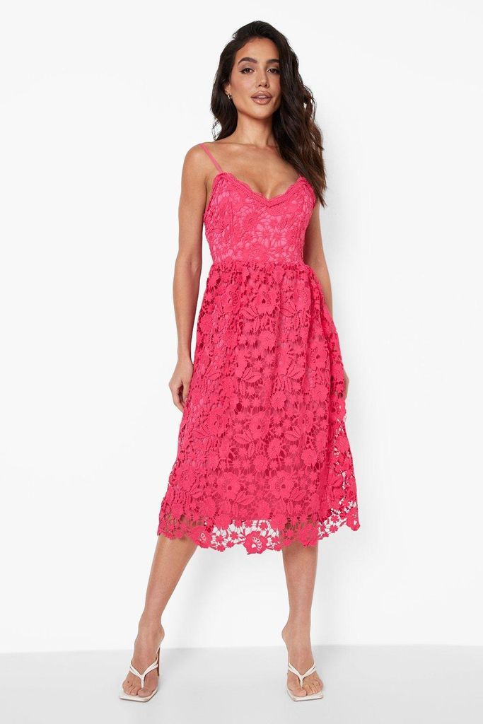 Womens Strappy Crochet Lace Skater Midi Dress - Pink - 10, Pink