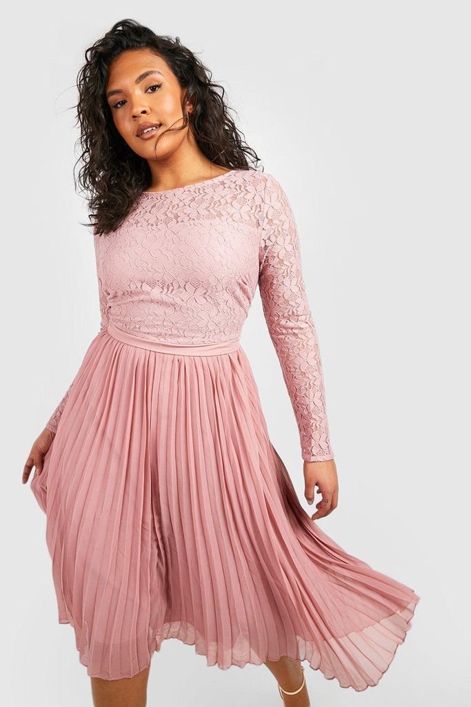 Womens Plus Lace Chiffon Pleated Midi Dress - Pink - 20, Pink